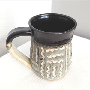 Andres Art Pottery Mug Carved Squiggles 2 Tone Stoneware Cup Handmade